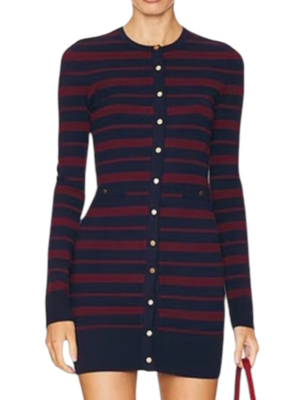 Lovers + Friends Alaina Knit Dress Stripe Button Navy Blue Maroon Gold M
